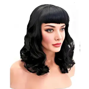 Black Pinup Wig with Bangs, 20 Inch Medium Size, Realistic Synthetic Hair, Long Curls, Comfortable and Breathable for Everyday Use