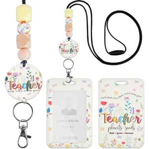 HY-KC152 Teacher Lanyard with ID Holder, Floral Flowers Inspirational Quotes Cute Badge Holder with Beaded Adjustable Lanyard, Teacher Gifts for Women