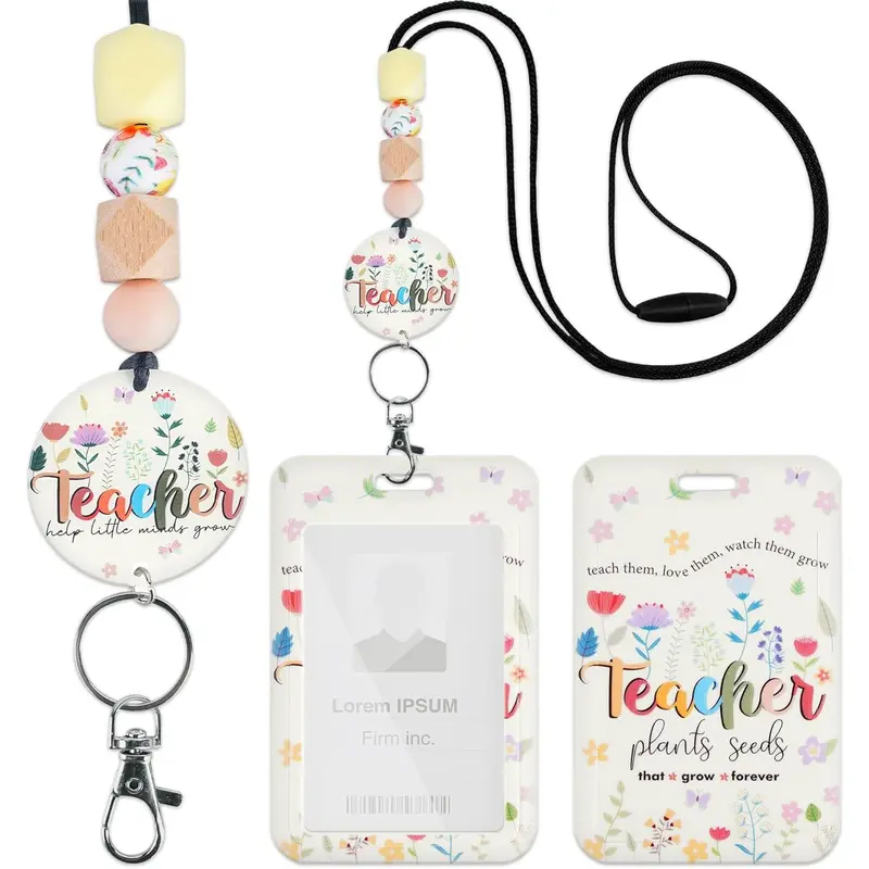 HY-KC152 Teacher Lanyard with ID Holder, Floral Flowers Inspirational Quotes Cute Badge Holder with Beaded Adjustable Lanyard, Teacher Gifts for Women