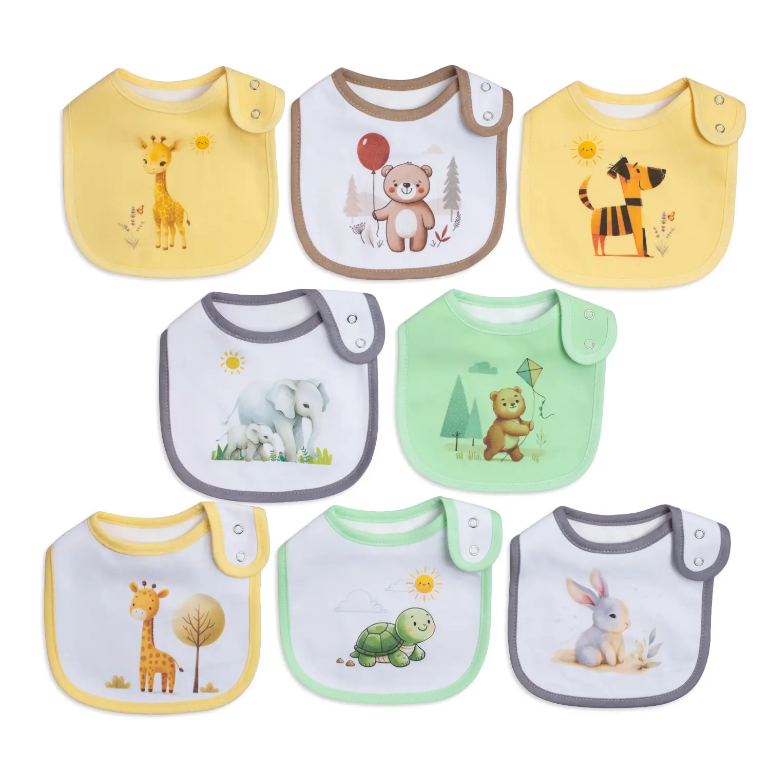 8PCS Baby Drool Bib Set, Soft Cotton Cartoon Bibs with Adjustable Snap Closure, Leakproof Feeding Bibs for Teething, Eating & Everyday Baby Care