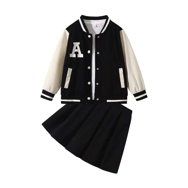 2-piece girls' four seasons fashion skirt suit 3-14-year-old girls button baseball jacket jacket with pleated skirt suit preppie autumn and winter clothes Vest