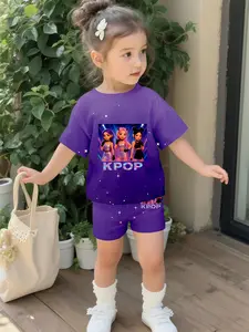 Purple cool and stylish baby girl's set with digital printing, 100% polyester baby short-sleeve set. It's a lovely casual outfit for baby girls, suitable for daily wear and outdoor sports as a T-shirt. It's a perfect gift for babies, Baby Girl Clothes