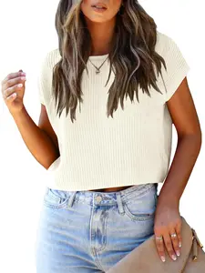 LCXWFE Womens Summer Casual Cropped Sweater Vest Lightweight Cap Sleeve Pullover Crop Tops Crew Neck Loose Knit Tank Top Crewneck Fashion Womenswear Pullover