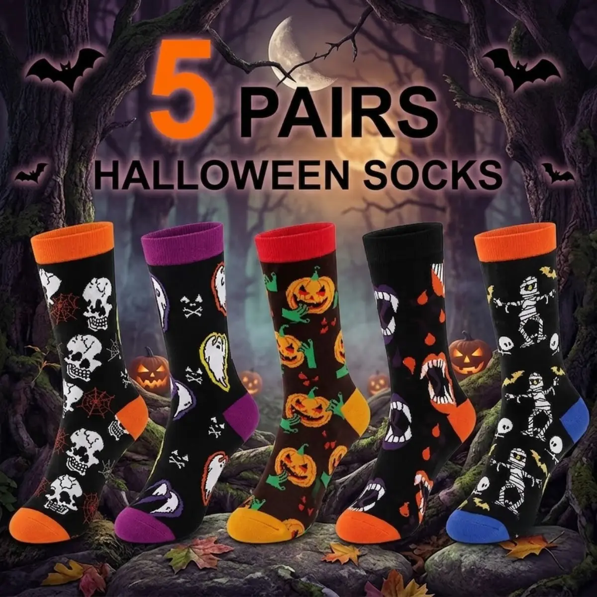5 Pairs Halloween Socks for Women Men, Funny Spooky Pumpkin Ghost Skull Skeleton Crew Socks, Soft Breathable Novelty Mid Calf Socks, Cute Costume Party Accessories, Fall Holiday Gifts