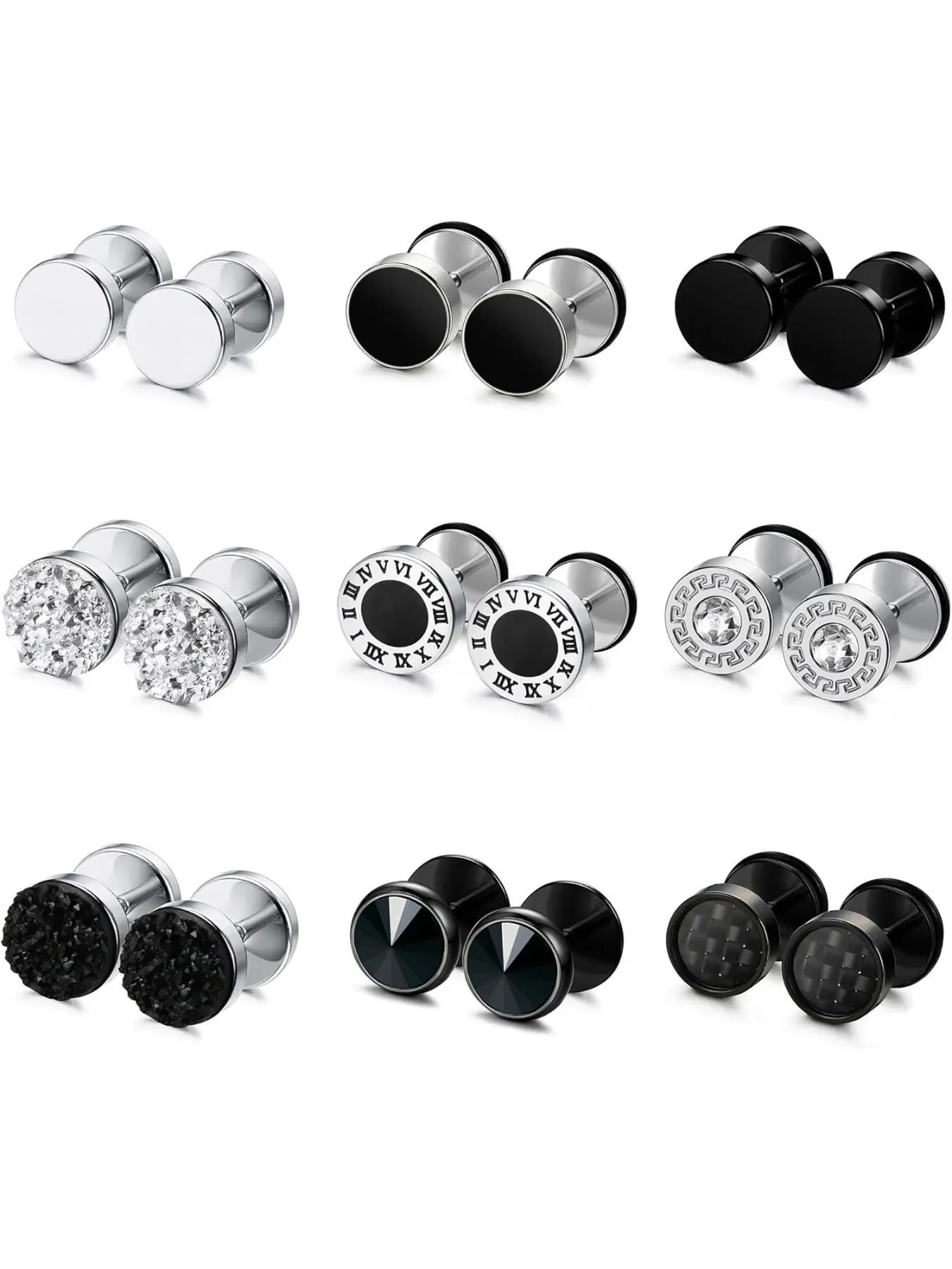Hypoallergenic Steel Men Guys Earrings, 9/16pairs Stainless Steel Studs Pierced for Sensitive Ears, Round Cz Gothic Textured Style Casual Wear Jewellery Styling