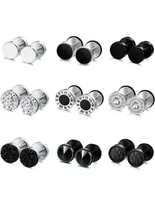 Hypoallergenic Steel Men Earrings, 9/16pairs Stainless Steel Studs for Sensitive Ears, Round Cz Gothic Style Casual Wear Jewellery
