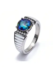Silver Color Oval Blue Opal Ring with Zirconia Accents and White Opal Inlay,Geometric Statement Ring for Men & Women Gift