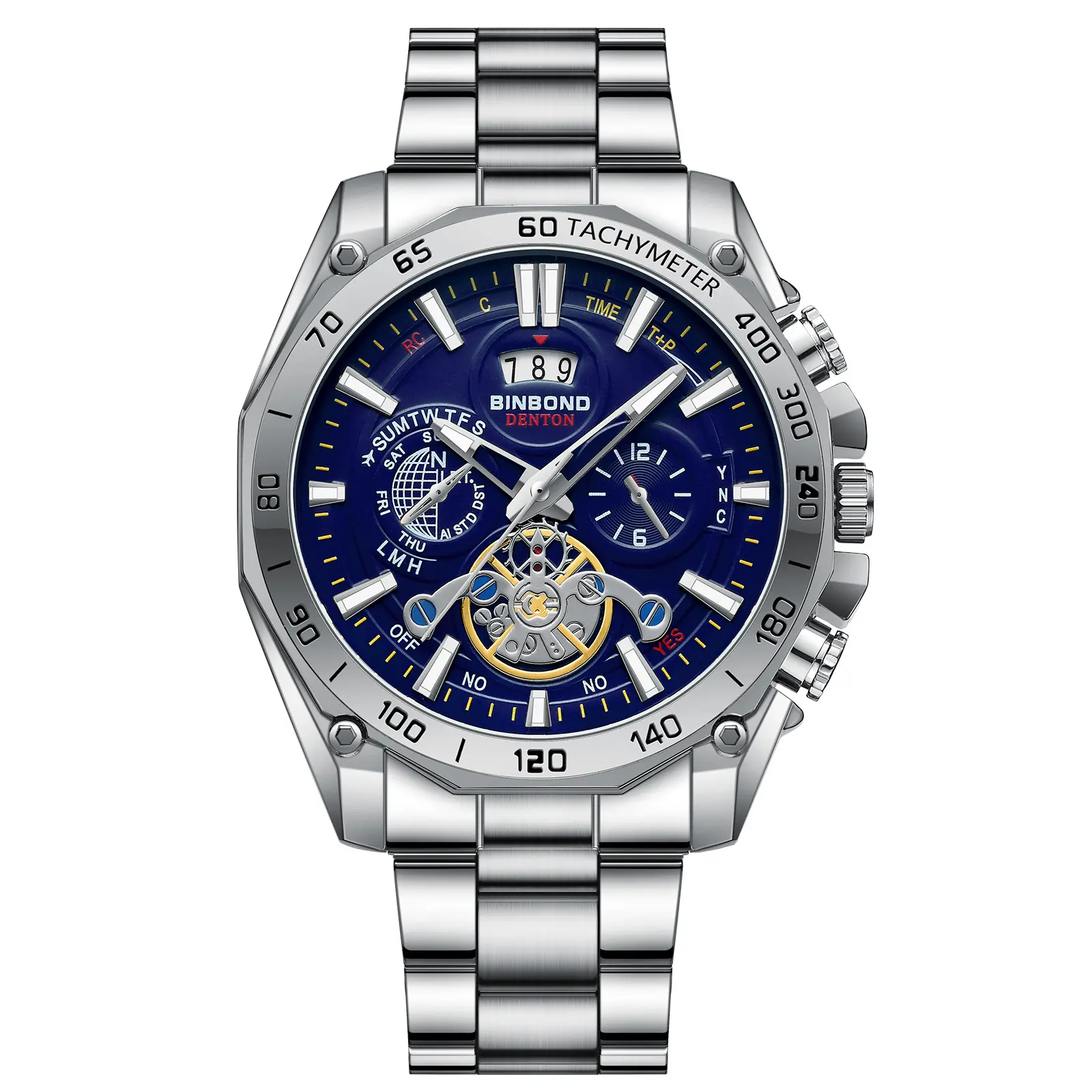 BINBOND Men's Business Casual Automatic Analog Watch - Classic, 43mm Round Face, Blue Dial, Metal Case, Mineral Glass, Buckle Closure-B4750
