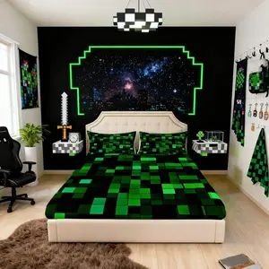 Pixelated Miners Game Boys Girls Bed Sheets,Geometric Check Video Games Room Decor,Gamepad Camo Grid Kids Fitted Sheet,Black Green Bedding Set,(No Flat)
