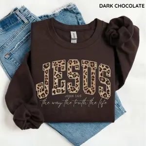 Christian Jesus Leopard Sweatshirt, Cheetah Print Bible Verse Tshirt, Trendy Faith Apparel Gift, Jesus Loves You, The Way The Truth The Life