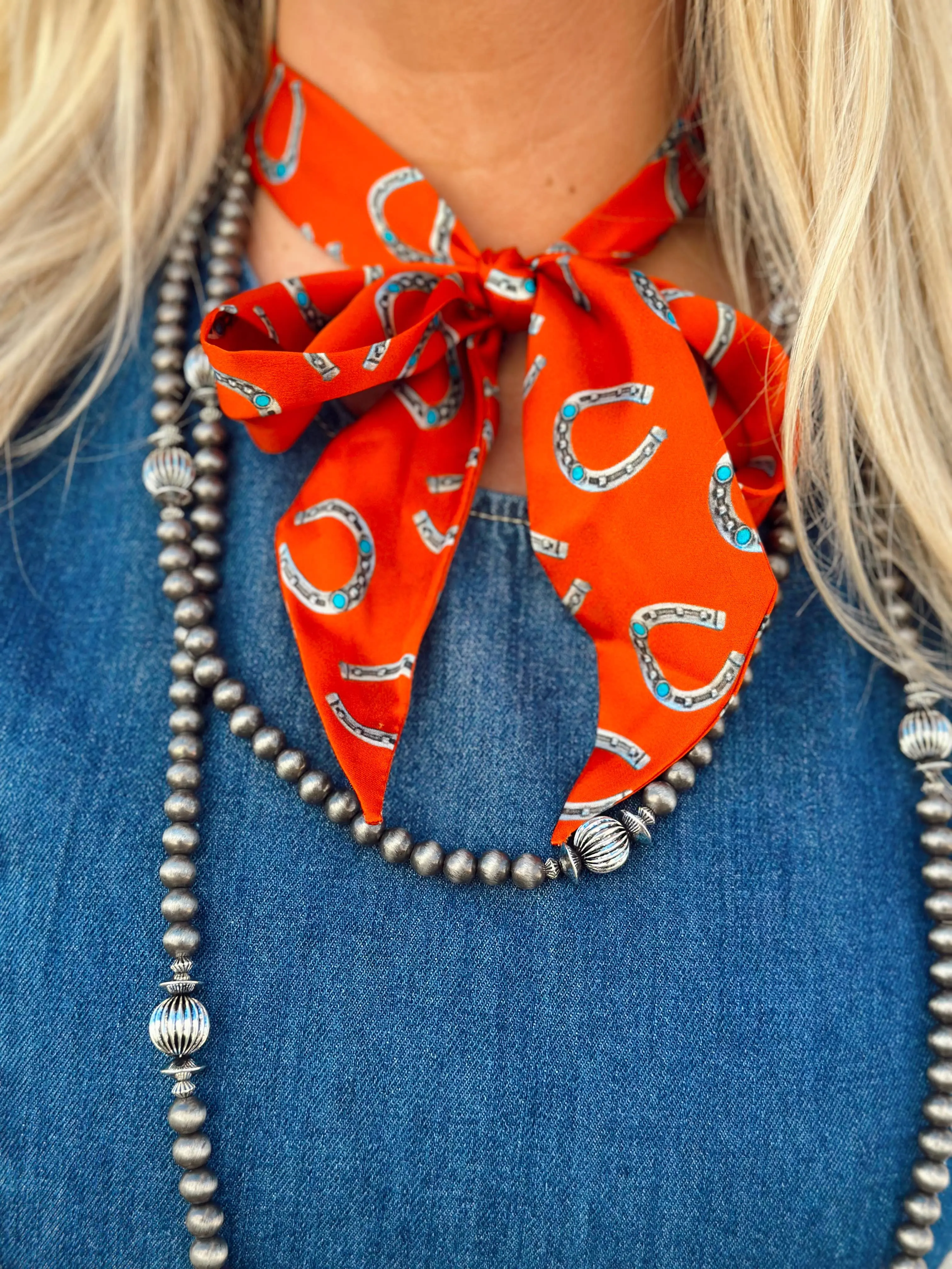 Burnt Orange Silk Twilly Scarf with Silver and Turquoise Burnt Orange Silk Twilly Scarf with Silver and Turquoise