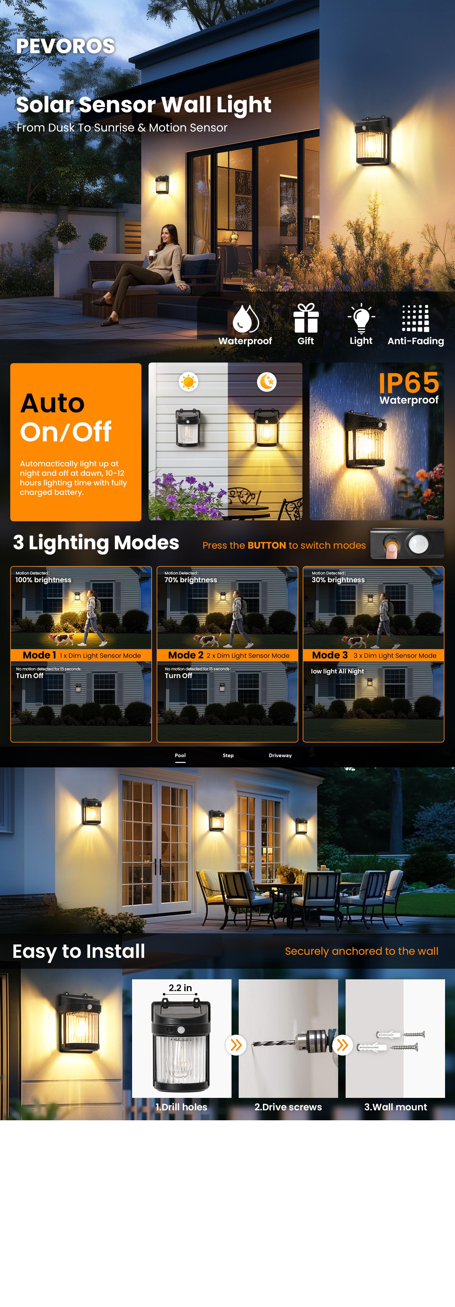 【Springtok】Porch Lights, 2 Pack Wall Solar Lights Outdoor, Solar Motion Lights with 3 Modes for Shed Patio Front Door Garage Fence