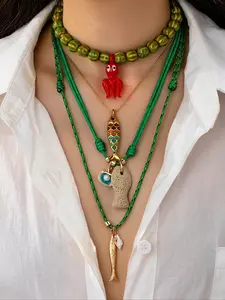 Bohemian Style 4-Piece Set Necklaces for Women, Rope Design with Fish Pendant, Perfect for Summer Vacations & Casual Wear