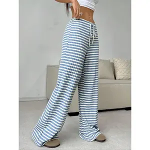 Women's Fall Winter Casual Striped Knit Pants, Elastic Waist Drawstring, Fashionable Loose Fit Straight Leg Long Trousers