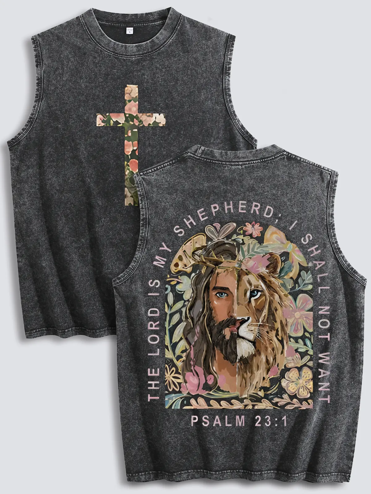 Menswear ，Lion Jesus, Jesus Is King Graphic，Men's Vintage Gothic Oversized SleevelessGraphic Vest - Washed Black, Y2K Streetwear, SummerCasual Top singlets