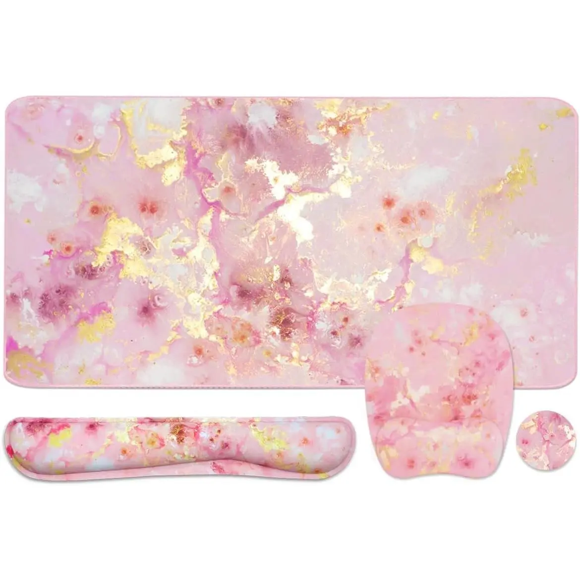 Keyboard Wrist Rest Large Mouse Pad Wrist Support for Computer, 4 in 1 Memory Foam Keyboard Pad Desk Mat Ergonomic Hand Rest Wrist Cushion for Home Office Gaming - Pink Gold