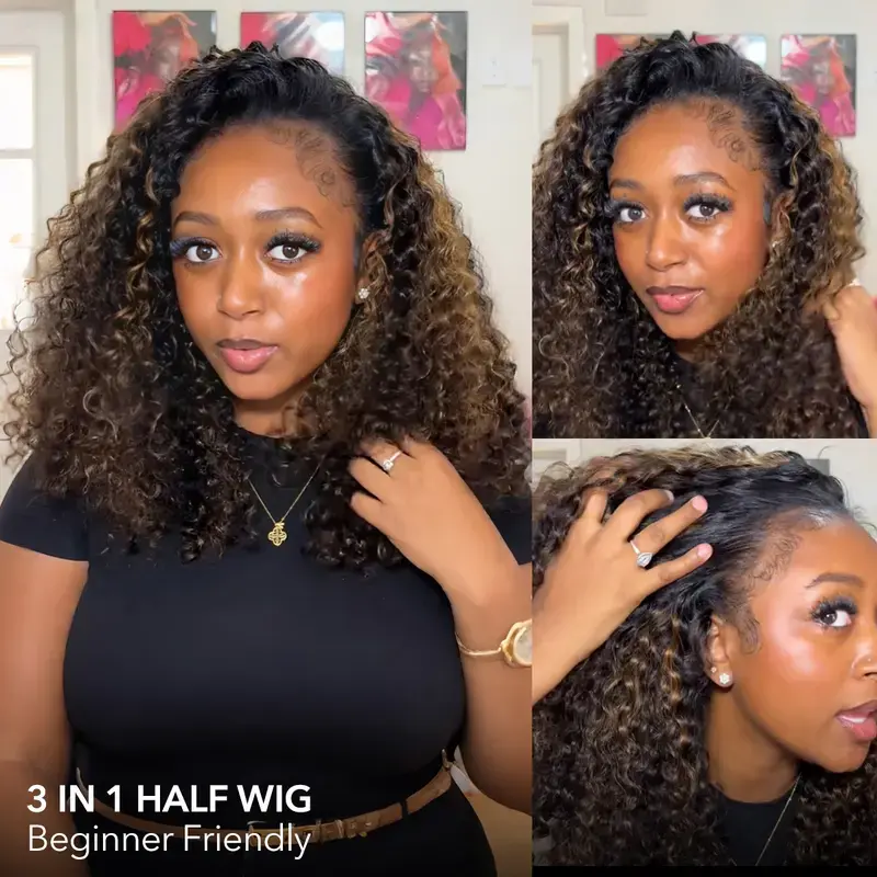 Hot Star Half Wig Human Hair Highlight Ombre 1B/30# Kinky Curly 3 IN 1 Half Wig No Glue No Lace For Women 180% Density 20 Inch