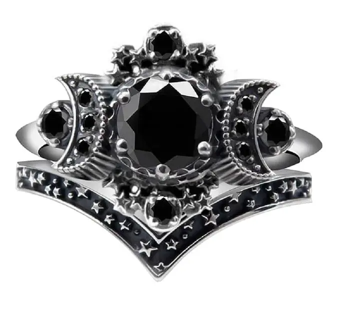 COLORFUL BLING Wicca Pagan Triple Moon Godness Band Ring Set Vintage Star Moon Amulet Wicca Crystal Cresent Religious Ring for Women Gifts -Size 7
