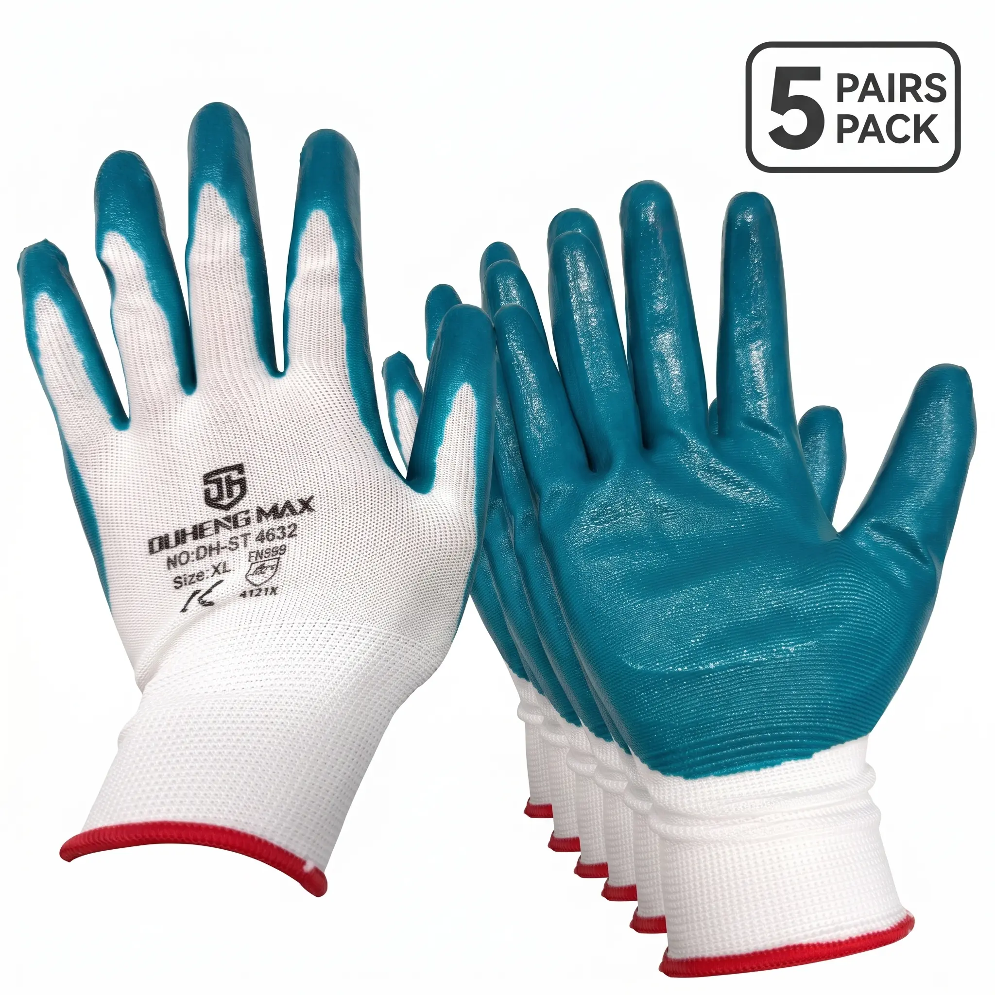 5pc-White Polyester Liner Blue Nitrile Coated Work Gloves Non-Slip Oil Resistant Protective Gloves for Construction Auto Repair Warehouse Gardening