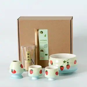 Strawberry Pattern Matcha Tea Set, 6 Counts/set Including Matcha Scoop, Matcha Bowl, Stand, Matcha Brush, Tea Making Tools for Home Office