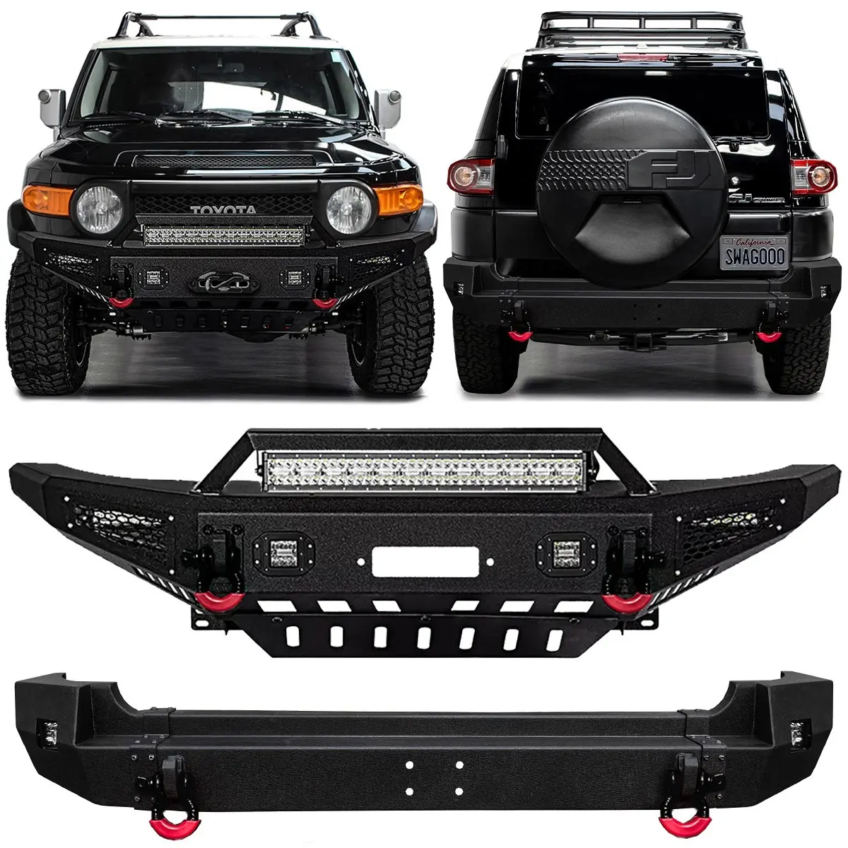 Vijay Steel Front & Rear Bumper Set for 2007-2014 Toyota FJ Cruiser, Includes LED Lights, D-Rings, Winch Plate & Screws, Includes Screws