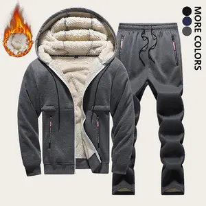 Men's Solid Color Fleece Lined Warm Casual Set, Two-Piece Hooded Full Zip Jacket and Pants with Zipper Pockets, Suitable for Autumn and Winter Daily Commuting, Gym, Skiing, Outdoor Activities