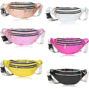 Ibeauti 6 Pcs Neon Fanny Packs Fashion Waist Bags with Adjustable Strap 2 Pouches, Men Women Waterproof Belt Bum Bag for Casual Travel Outdoor 80S Party (Holographic) Ibeauti