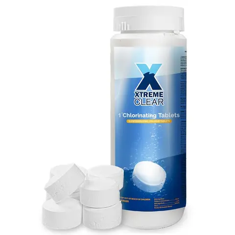 XtremepowerUS XtremeClear 1in UV-Stable Slow-Dissolve Chlorine Tablets - 99% Trichloro-s-triazinetrione, 1 Tab Treats 5,000 Gal, for Above-Ground Pools, Hot Tubs, Hot Spring Pools, Toilets (1.5lb/5lbs/9-Pack) Water Treatment Chemicals, Pool Chemical Suppl