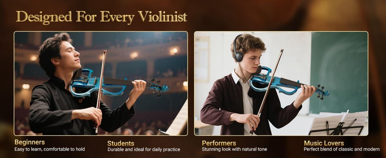 Electric Violin for Beginners - Solid Maple & Spruce, Ebony Fittings, Carbon Fiber Tailpiece, Full Size 4/4 (Blue)