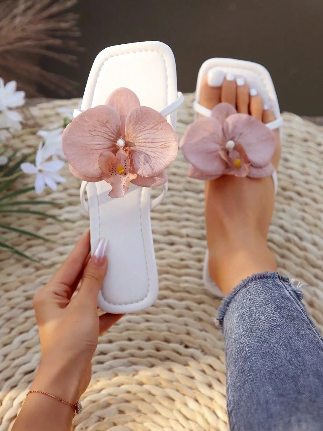 French Flat Flower Elegant Floral Design Sandals for Women, Summer Fashionable Square Toe PVC Shoes, Perfect for Parties, Beach, and Daily Wear, Flat Sole Sandals