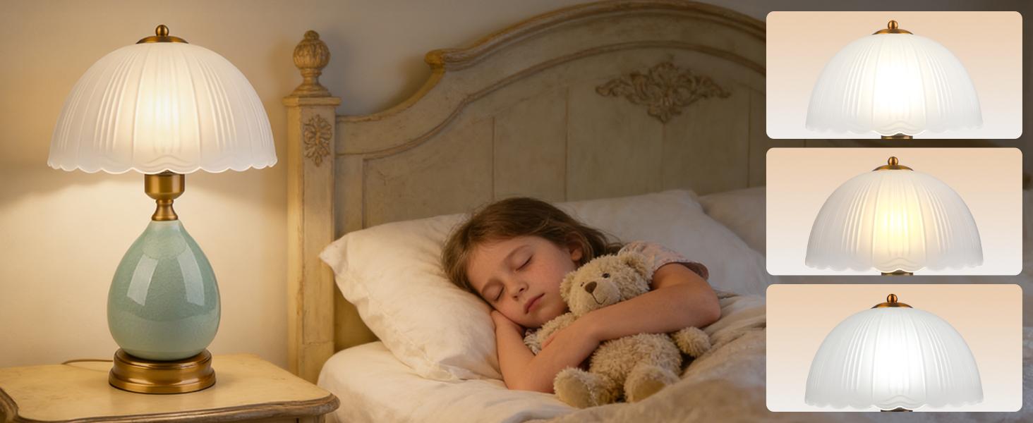 Table Lamps Ceramic Retro Lamp for Living Room,16.73" Modern Bedside Nightstand Traditional Lamps, Classic Chinoiserie Green Glass Lamp for Home (French Country)