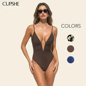 CUPSHE TikTokShopSpringGlowUp Sunbaked Shore Brown One-Piece Swimsuit | V-Wire Plunging Neckline Bathing Suit | Aesthetic Sculptural Body-Con Swimwear for Resort Wear 2026