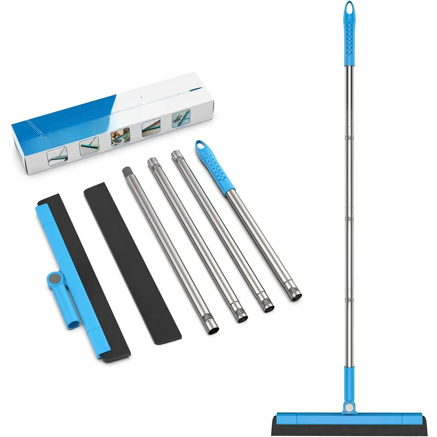 Floor Squeegee Adjustable 59'' Long Handle Professional Floor Squeegee with Hook Water Squeegee Foam Blade for Concrete Floor Tile Pet Hair Floor Wiper
