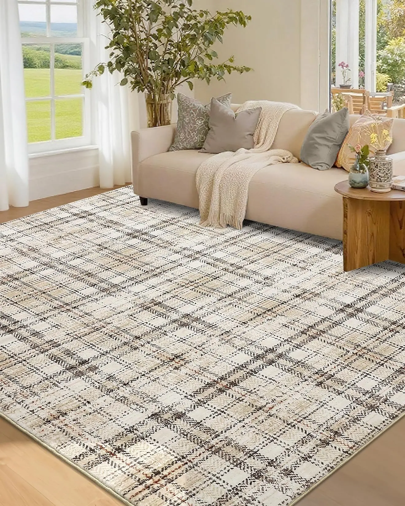 Garvee 3x5 Entryway Rug with Non Slip Rubber Backing, Washable Farmhouse Plaid Soft Low Pile Accent Rug for Bedroom, Living Room, Office, and Home Decor, Stain Resistant and Rustic Style