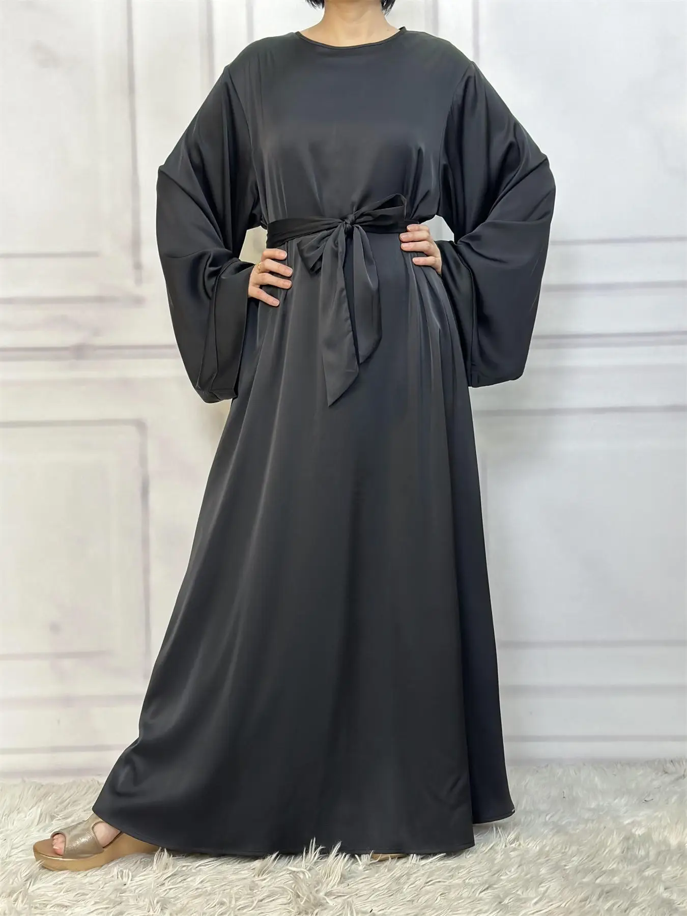 Women's Solid Belted Satin Dress, Casual Long Sleeve Dress for Spring & Fall, Ladies Islamic Clothing for Daily Wear, Modesty Dresses