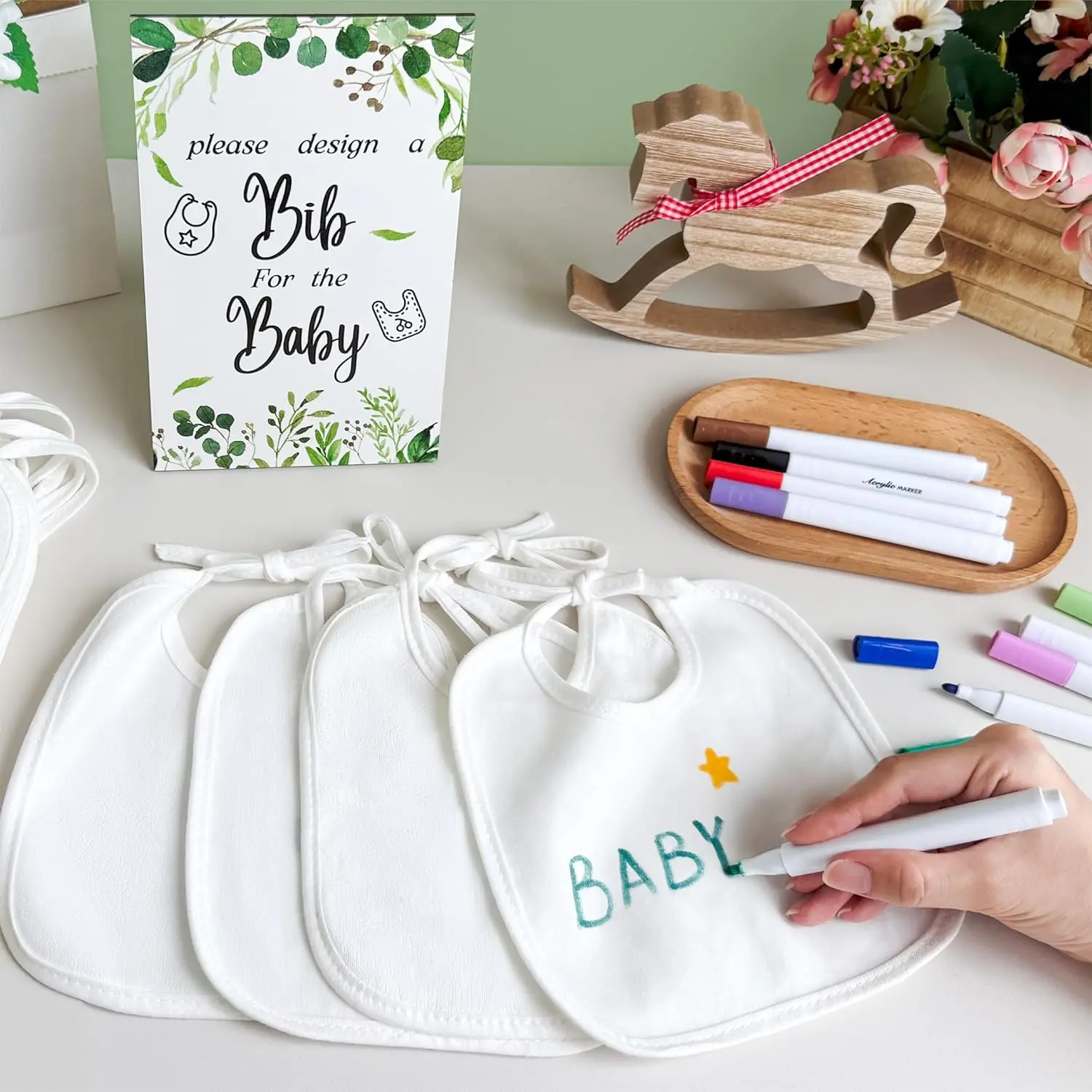 Baby Bib Decorating Set, 33Pcs Baby Shower Game Kit with 20 White Bibs 12 Color Fabric Markers & 1 Wooden Greenery Game Sign favor