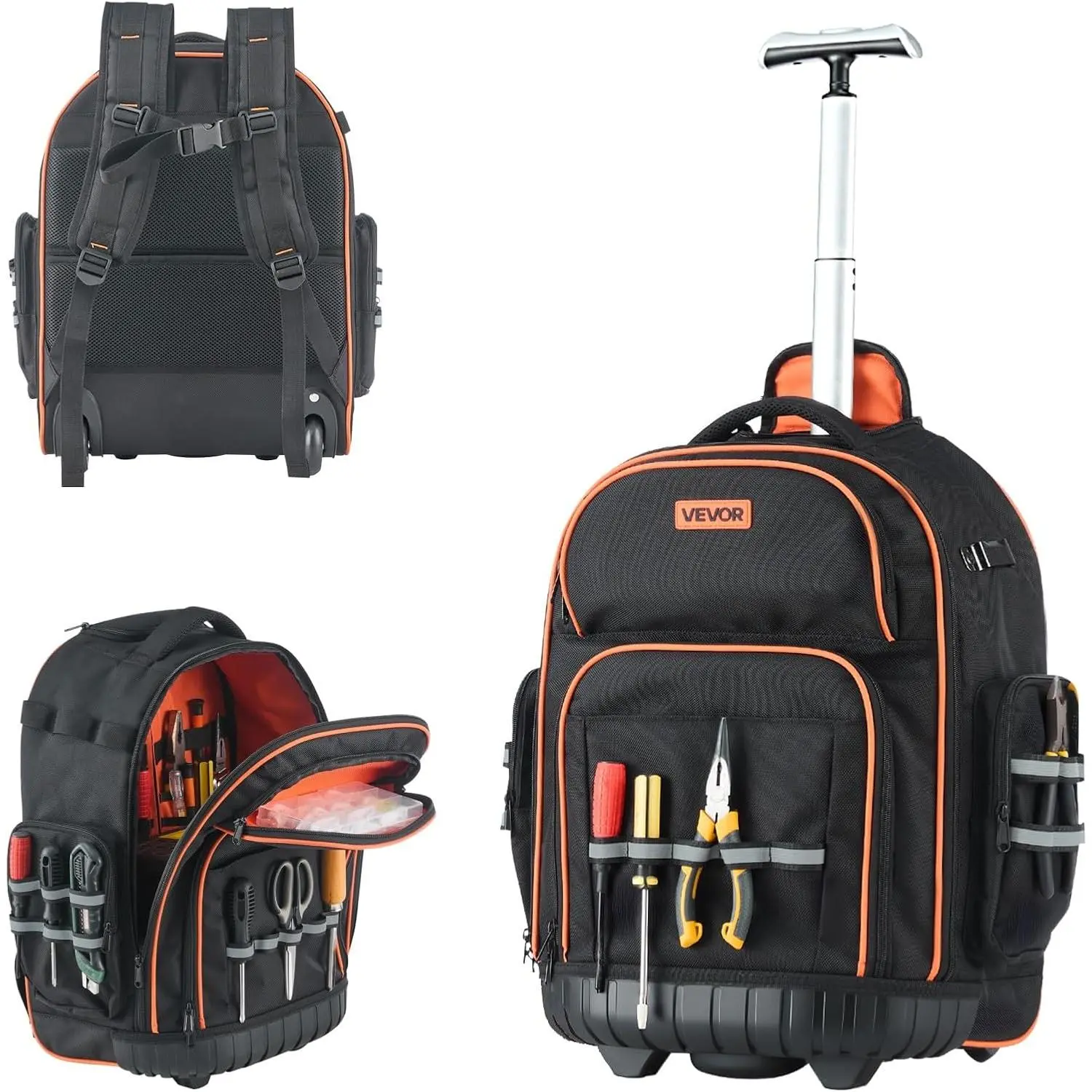 VEVOR Rolling Tool Backpack, 110 lbs Load Capacity, 45 Pockets Heavy Duty Roller Tool Bag on Wheels, Adjustable Telescoping Handle & Stable Base, Toolbag Organizers for Construction, Mechanic