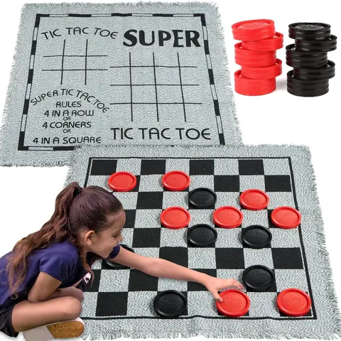 3-in-1 Vintage Giant Checkers, Tic, Tac, Toe, with Reversible Mat, 24 Chips, Family Board Game, Lawn Game, BBQ Party Favor, Indoor and Outdoor Activity for Kids and Adults