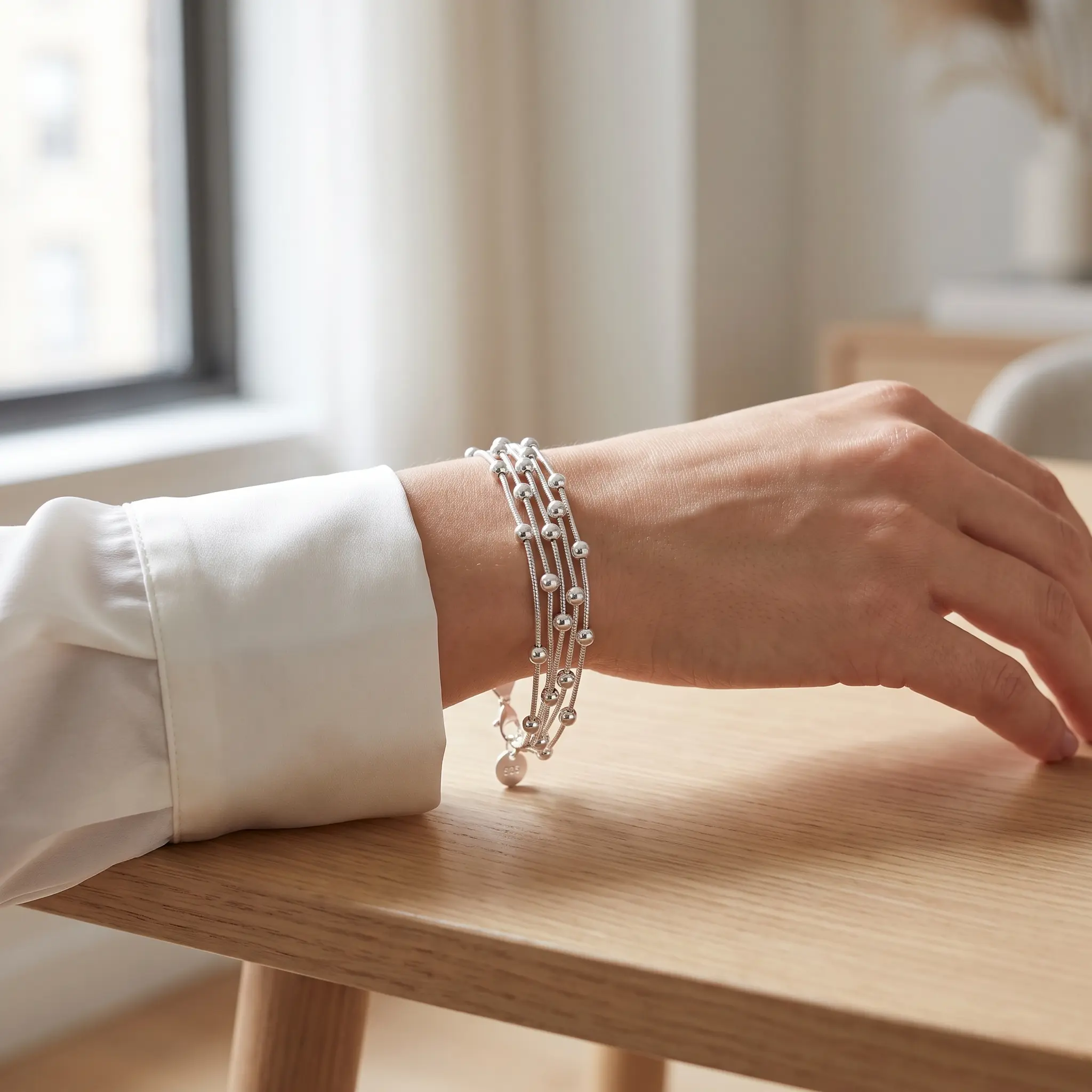925 Silver Multi Layer Beaded Bracelets for Women, 5 Strand Thin Snake Chain Silver Ball Bead Bracelet, Dainty Stackable Layering Silver Bracelet, Elegant Jewelry Gift for Birthday Anniversary Daily Wear