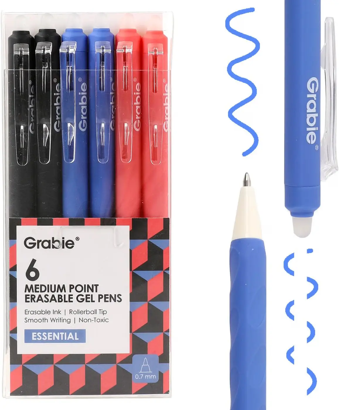 6 Pack Black Erasable Gel Pens 0.7mm Medium Point Retractable Pens Smooth Writing Eraseable Ink with Built-In Eraser