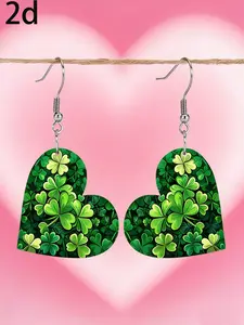 Lucky Four-Leaf Clover Heart Earrings, Vintage Full Print, Retro and Fresh, Boho Aesthetic, Perfect for Forest Style, Daily Accessory