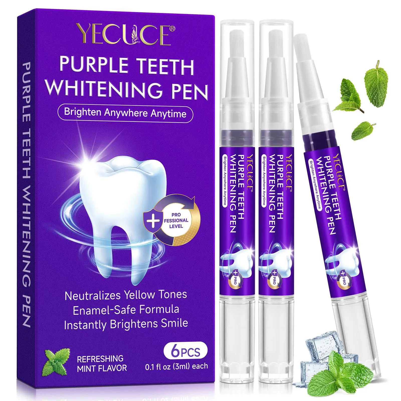 Yecuce Teeth Whitening Pen, Teeth Brightening, Fresh Mint Flavor, Neutralizes Yellowing, Protects Enamel, Removes Stains, 6-Pack, 3ML Each