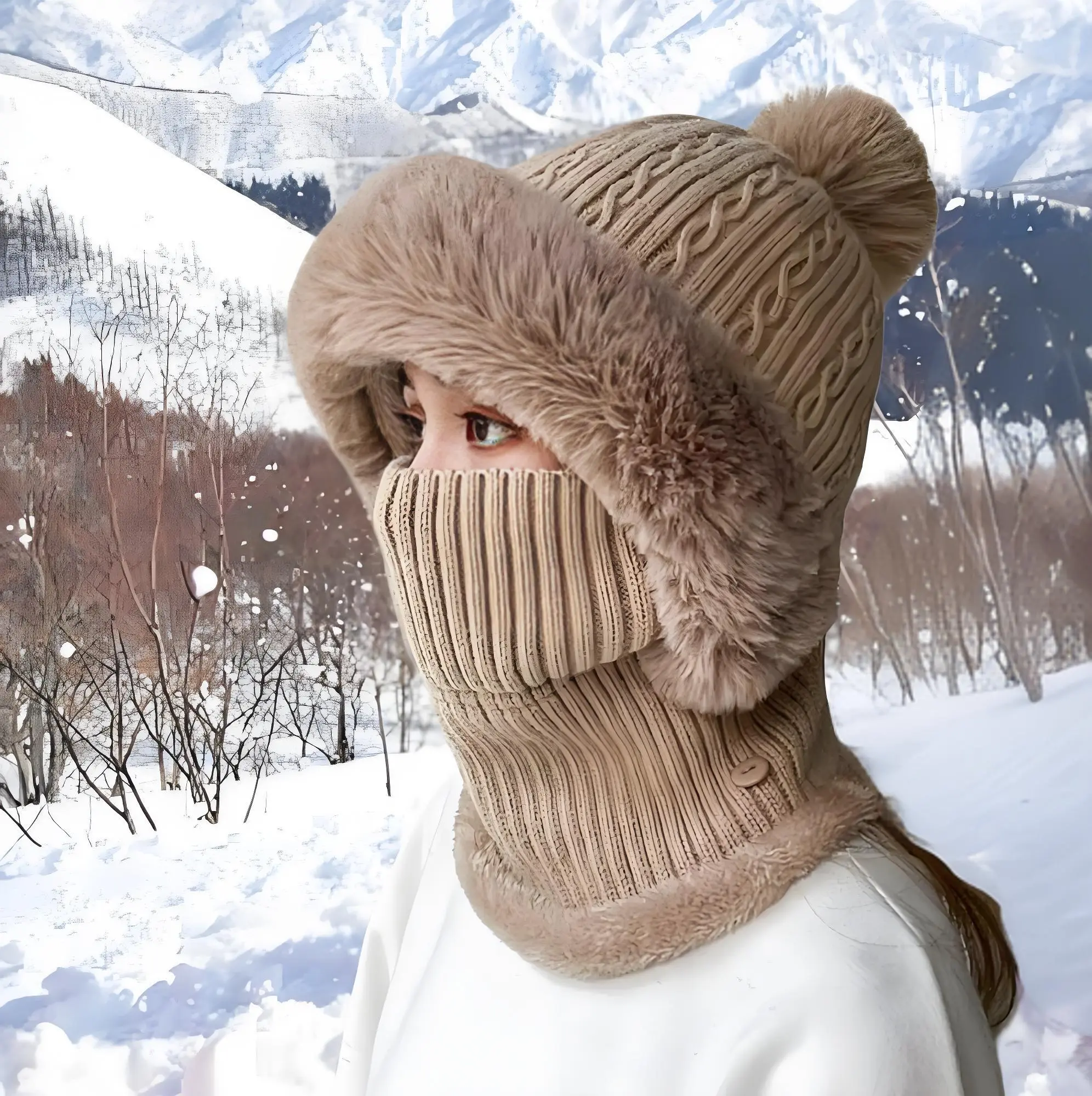 Windproof Cap Outdoor Hat Women's  Winter Knit Set Beanie Hat with Pom Pom Infinity Scarf and Face Mask Cover Soft Yarn for Cold Weather Style Outfit Protective Gear Chic Warmth