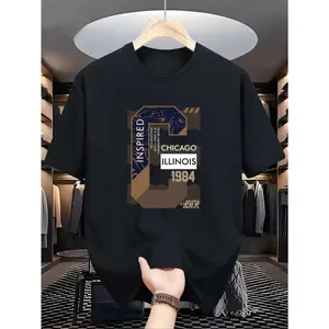 Single-Sided Printed Round Neck Short Sleeve T-Shirt, Men's Casual Round Neck T-Shirt with Chicago Illinois 1984 Inspiration Print, Knitted Fabric, Slightly Elastic, Formal Wear, Summer Fashion Top, Suitable for Daily Wear Crewneck Tshirt