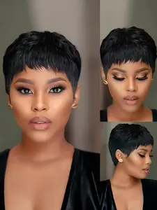 Pixie Cut Human Hair Wigs Burgundy, Machine Made Short Straight Layered Wig for Women, Natural, Daily Party Cosplay Gift Use