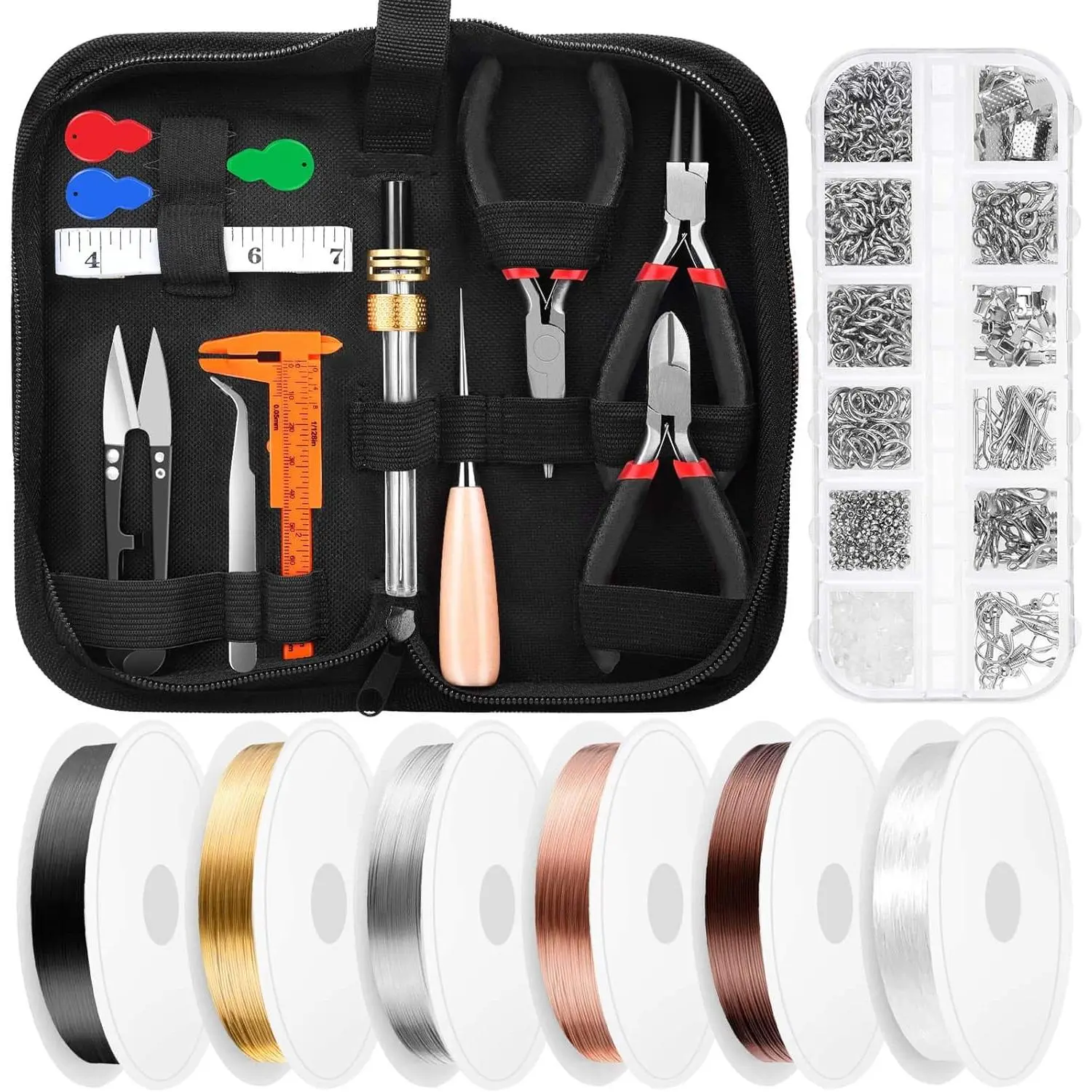 27PCS DIY Jewelry Making & Repair Accessories Set for Adults & Beginners, Beading Supplies Kit with 0.5mm Copper Beading Wire, Craft Rings, Pliers, Jewelry Findings