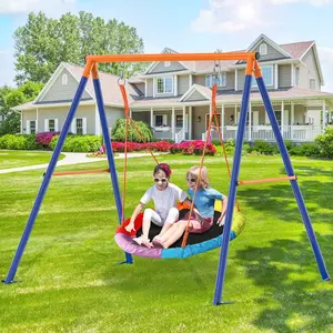 Bearbro Saucer Swing with Stand for Kids Outdoor, 440lbs Swing Set with Heavy-Duty Metal Frame and Adjustable Ropes, Safe Waterproof Round Swing for Backyard Playground Park, Rainbow Color