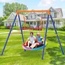Bearbro Saucer Swing with Stand for Kids Outdoor, 440lbs Swing Set with Heavy-Duty Metal Frame and Adjustable Ropes, Safe Waterproof Round Swing for Backyard Playground Park, Rainbow Color
