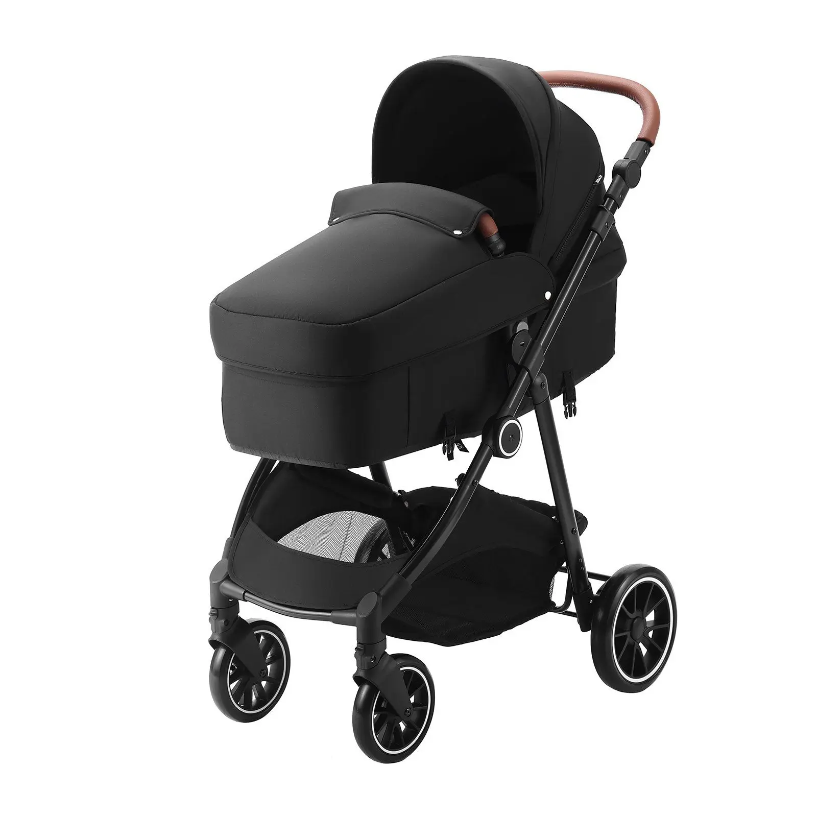 Spring new arrivals Standard Baby Stroller, Infant Toddler Stroller with Bassinet, 3rd-Gear Adjustable Backrest & Foldable & Reversible Seat, Carbon Steel Newborn Stroller with Leg Cover and Mesh Net, Black