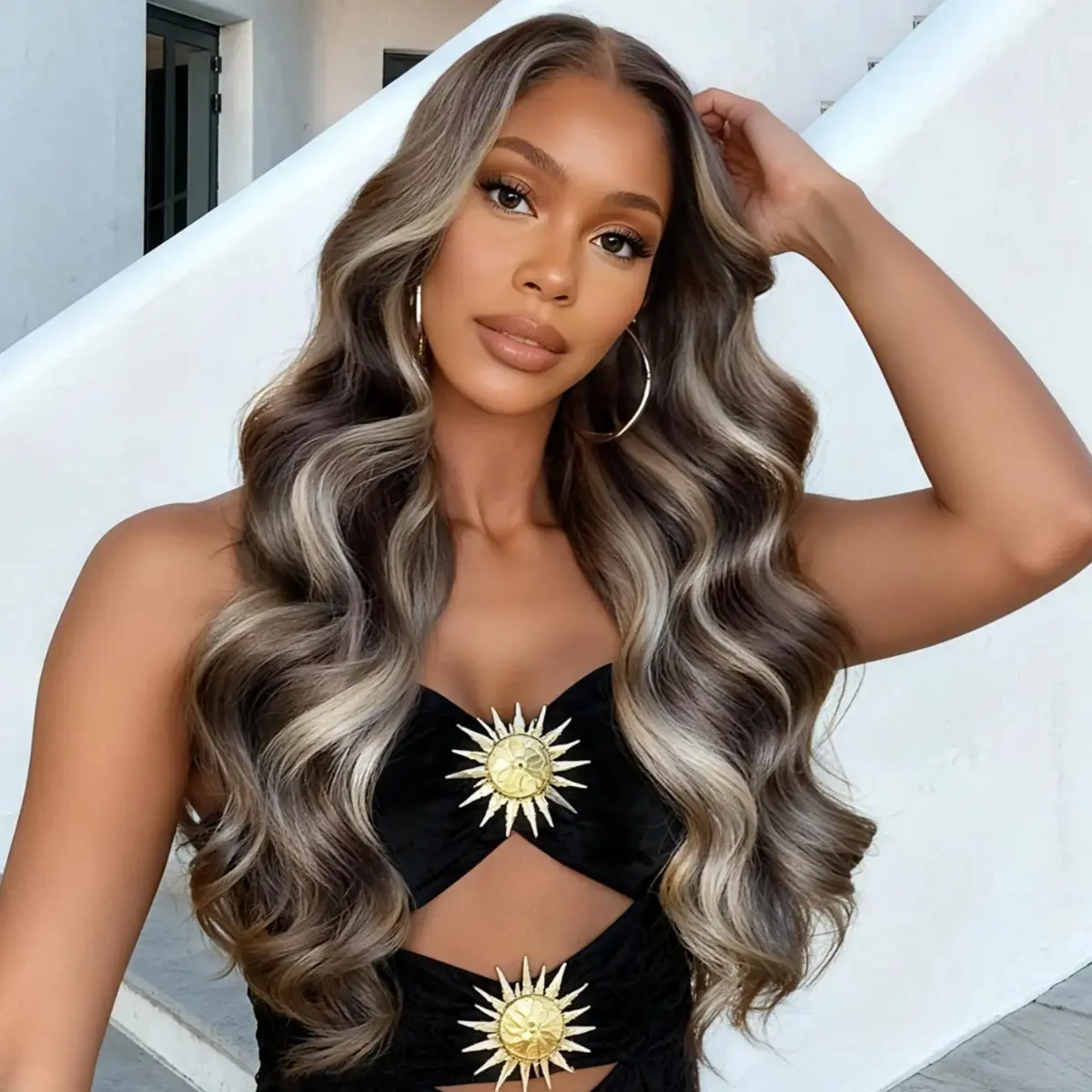 Unice Byebye Slip Honey Brown Loose Wave with Golden Blonde Face Framing Layers 13X4 Lace Frontal Human Hair Wigs with Drawstring Beginners Friendly summerwins, Glueless Human Wigs